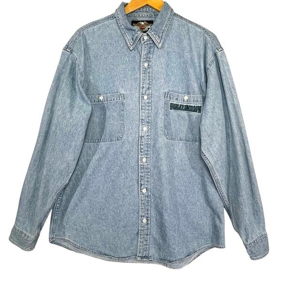 HARLEY DAVIDSON Men’s Vintage Y2K Embroidered Chambray Button up Shirt - Picture 1 of 3